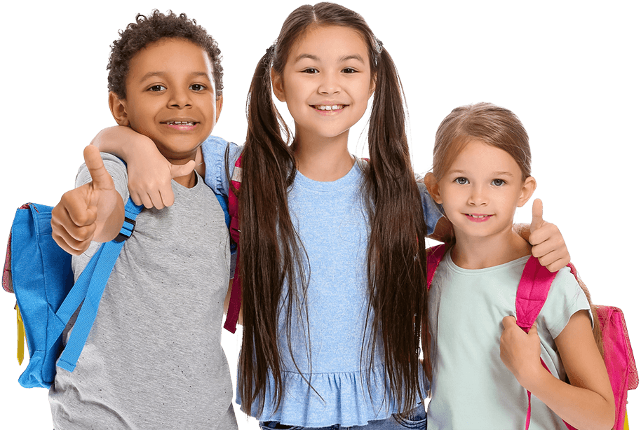 Three children with backpacks smiling and giving a thumbs up, expressing excitement and positivity.